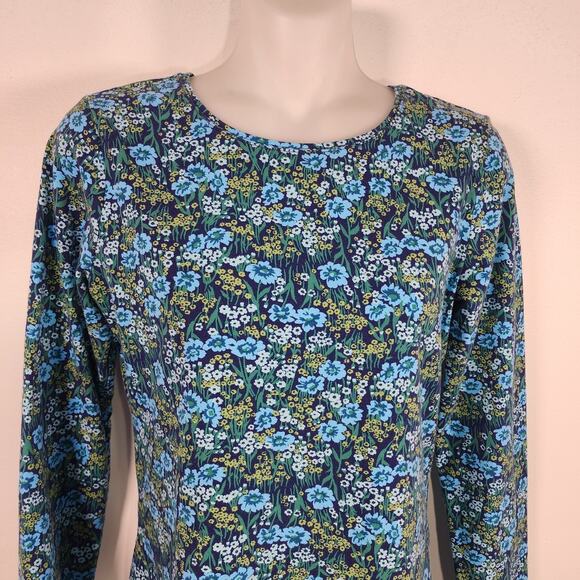 Talbots Floral Fields Crew Neck Tee Cotton Blend Long Sleeve Stretch Blue Green - Picture 3 of 8